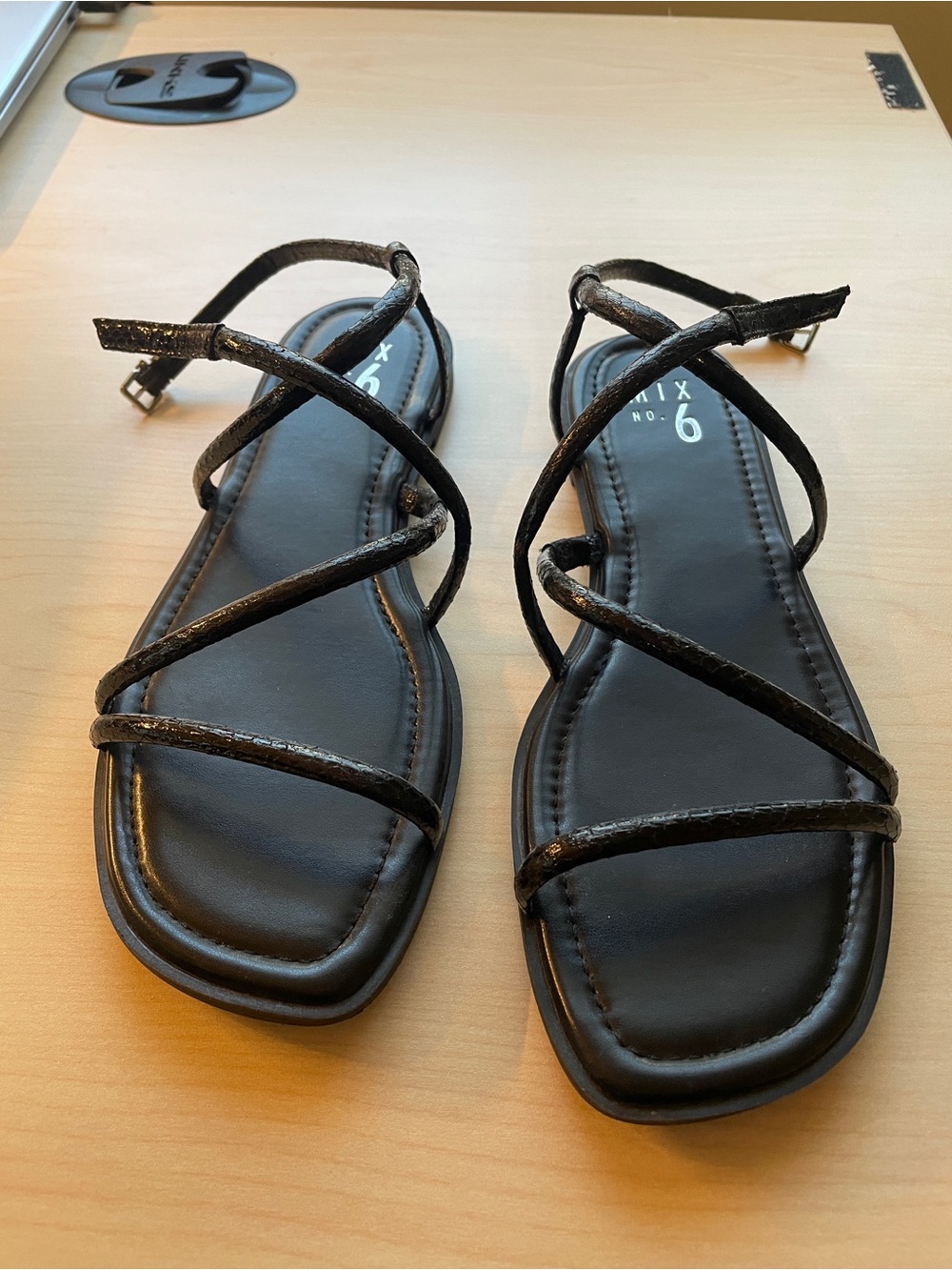 No. 6 Black Patent Strappy Flat Sandals